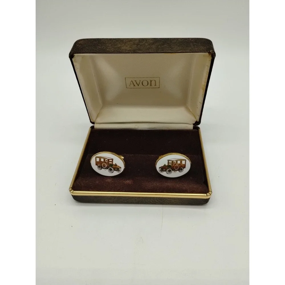 Avon Vintage Antique Car Station Wagon Cuff Links Gold Tone Original Box